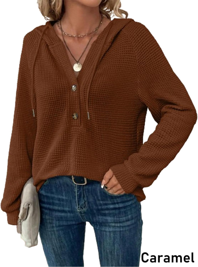 Waffle Knit Button V Neck Sweater