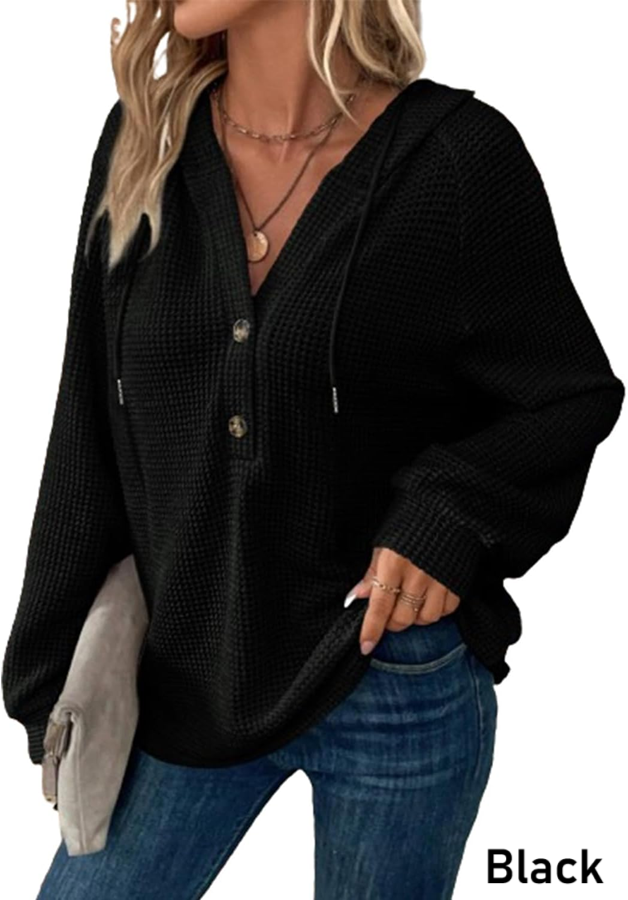 Waffle Knit Button V Neck Sweater