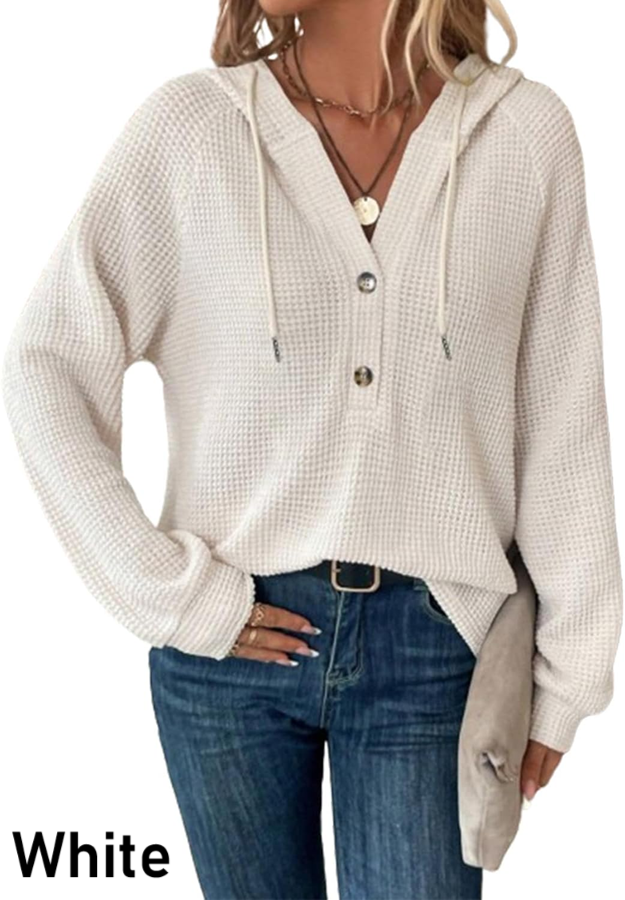 Waffle Knit Button V Neck Sweater