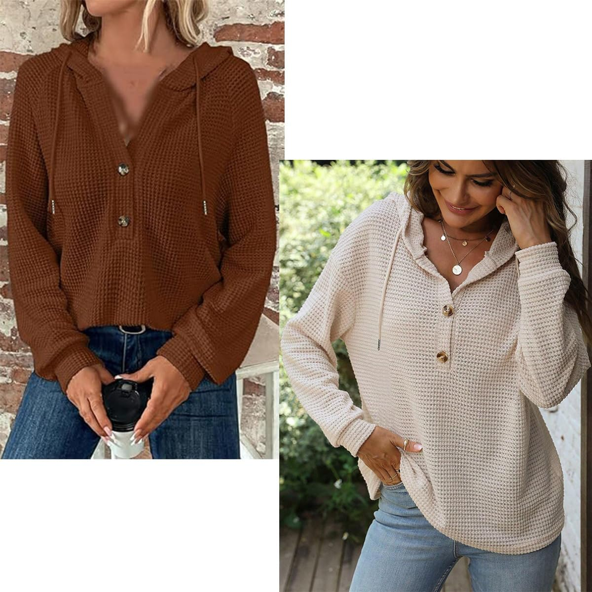 Waffle Knit Button V Neck Sweater