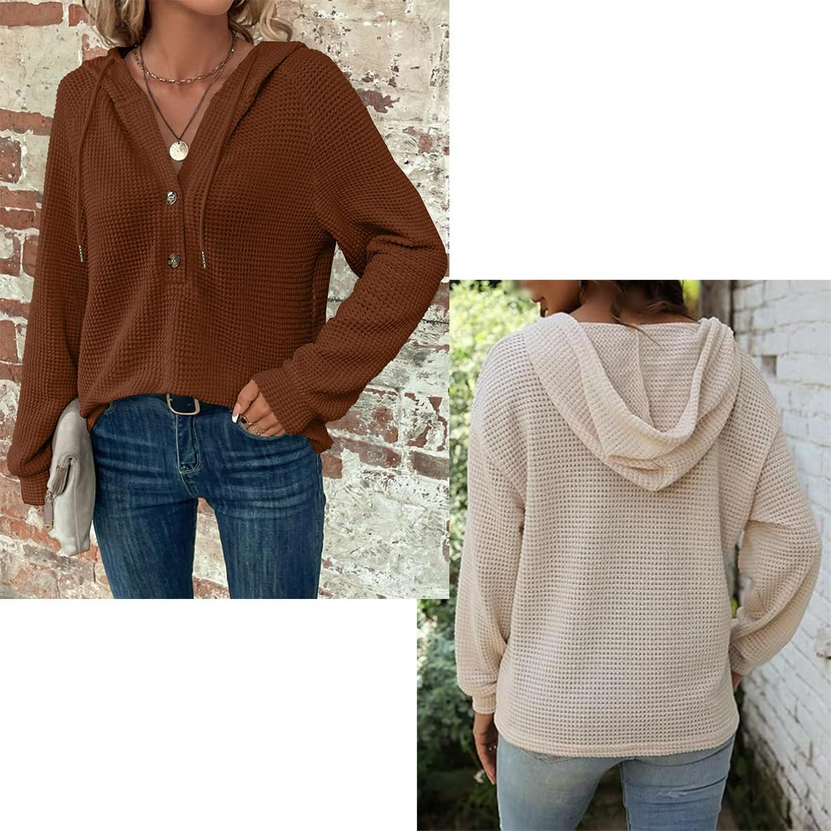 Waffle Knit Button V Neck Sweater