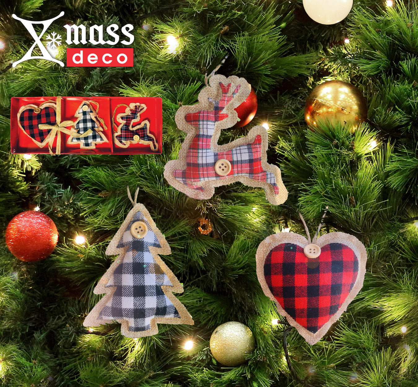 Plaid Ornaments - Set Of 3 (Heart, Tree & Deer)