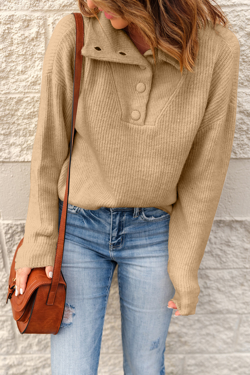 Khaki Buttoned Turn Down Sweater