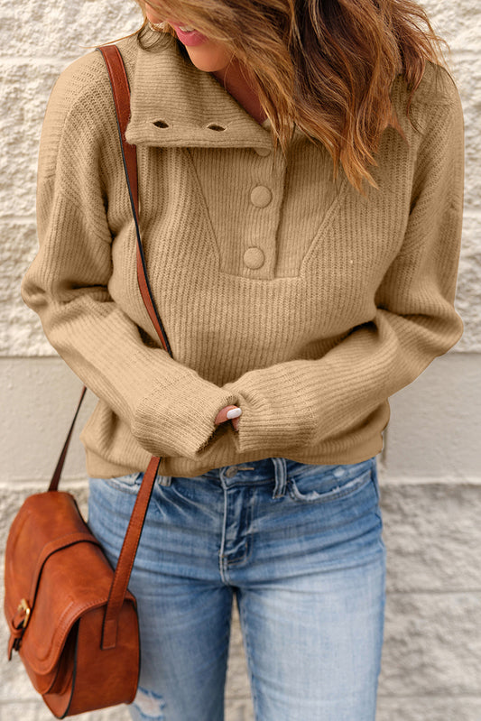 Khaki Buttoned Turn Down Sweater