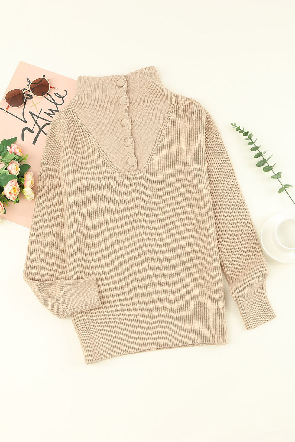 Khaki Buttoned Turn Down Sweater