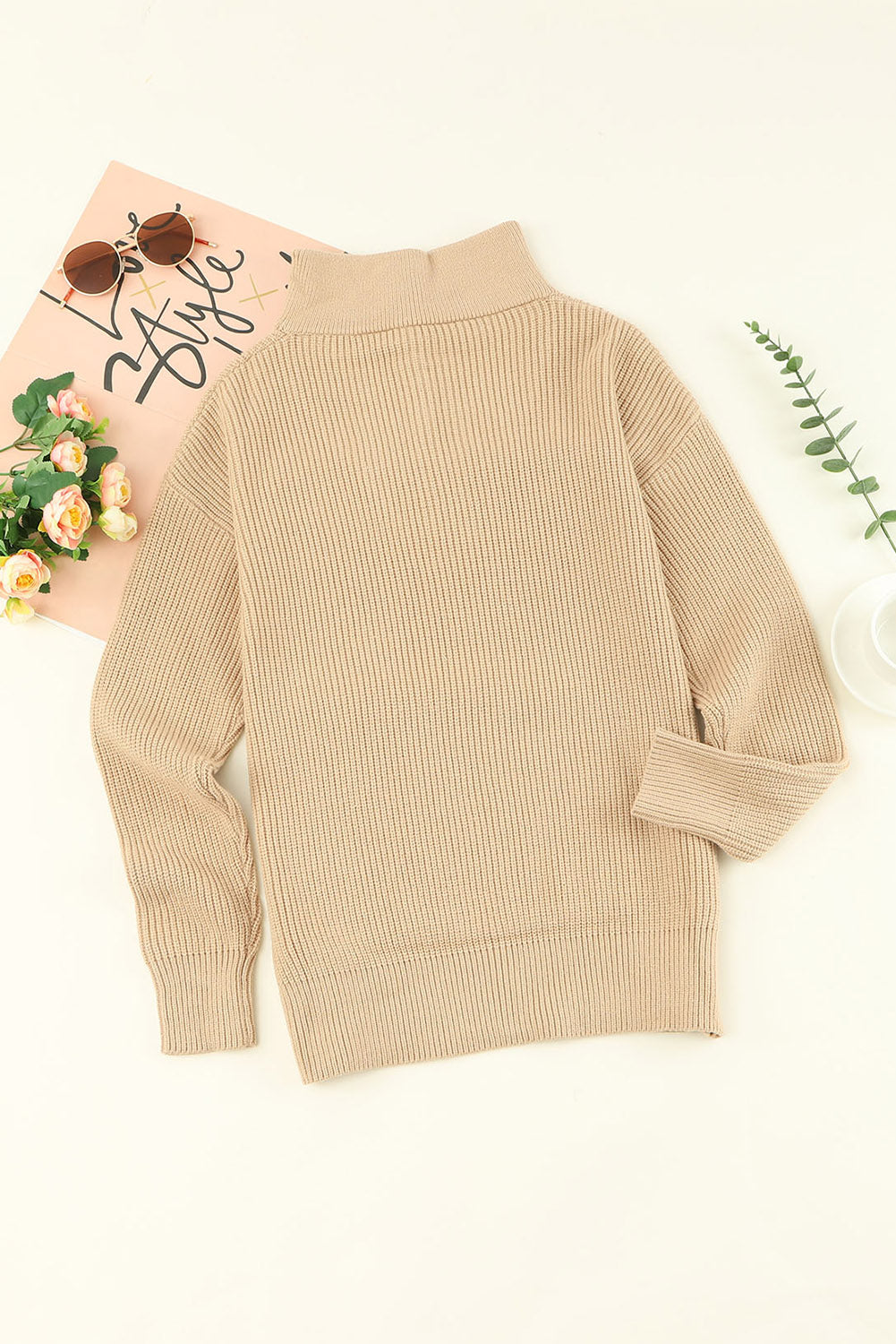 Khaki Buttoned Turn Down Sweater