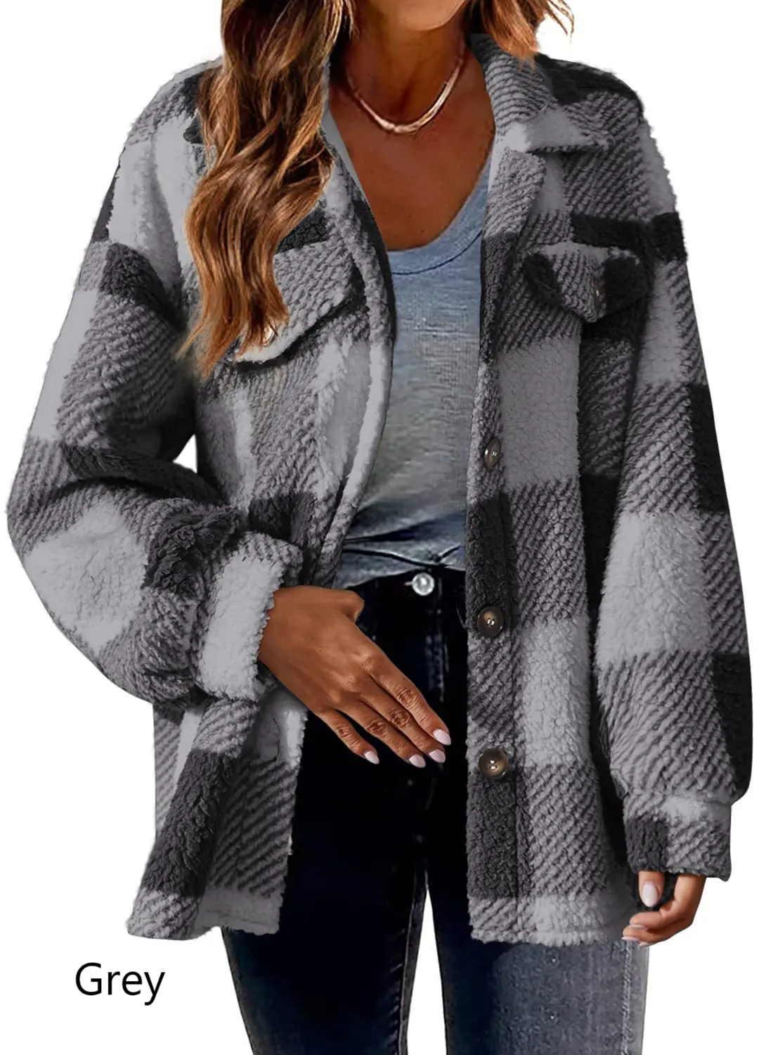 Fleece Plaid Button Down Jacket