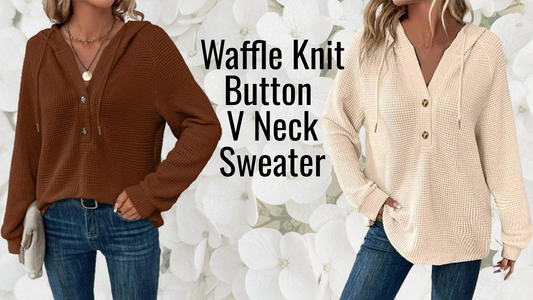 Waffle Knit Button V Neck Sweater