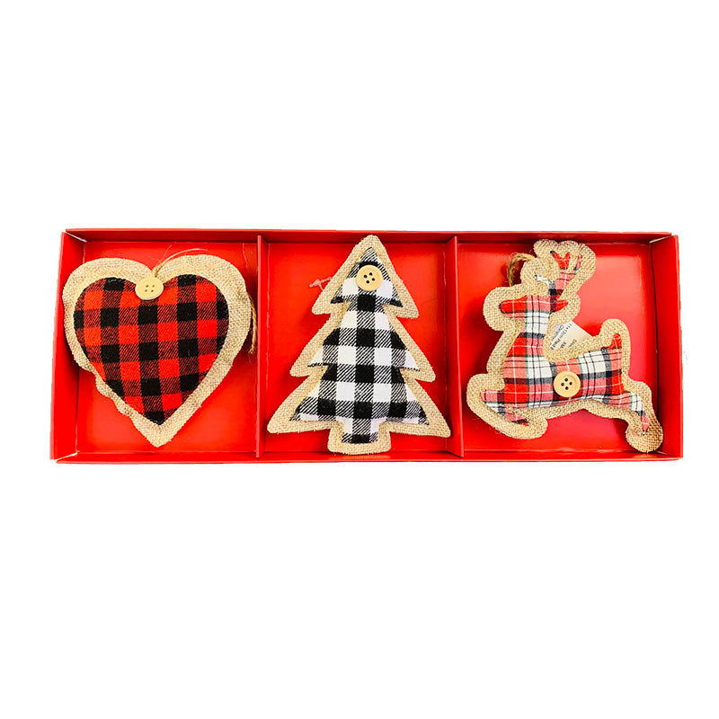 Plaid Ornaments - Set Of 3 (Heart, Tree & Deer)