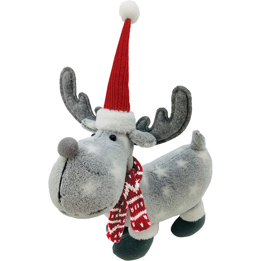 Standing Fur Moose with Red Hat and Knitted Scarf