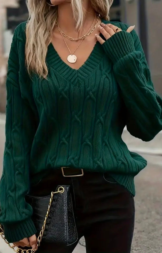 V-Neck Cable Knit Sweater