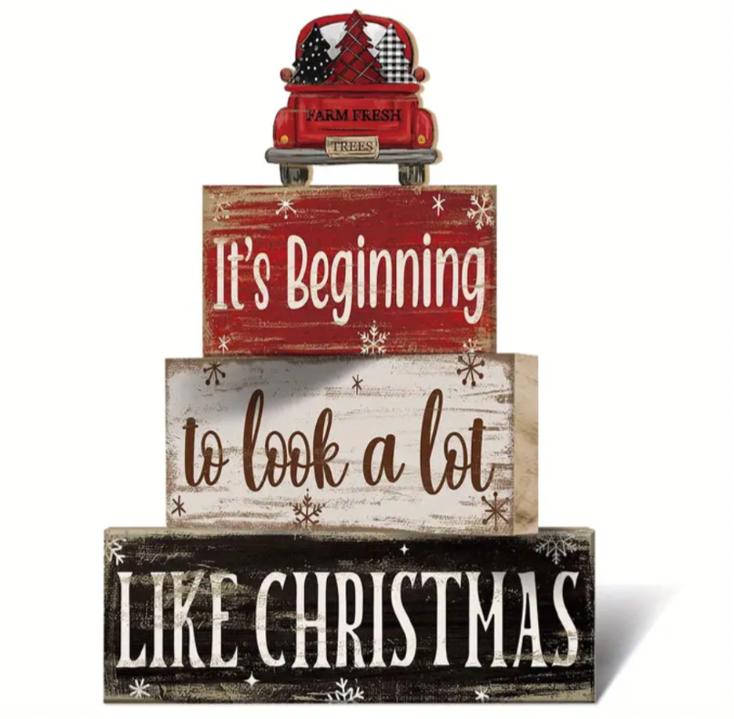 4 Piece Wooden Red Truck Christmas Decor