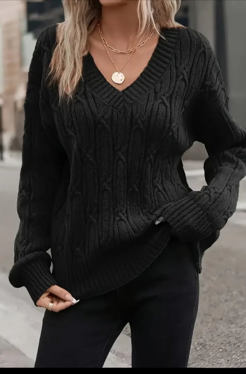 V-Neck Cable Knit Sweater