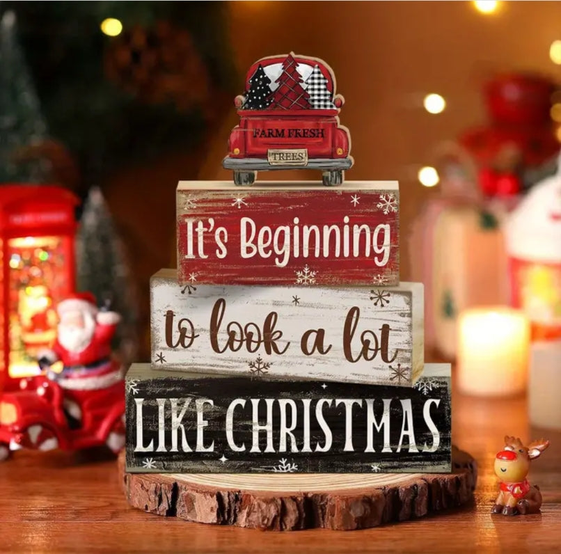 4 Piece Wooden Red Truck Christmas Decor
