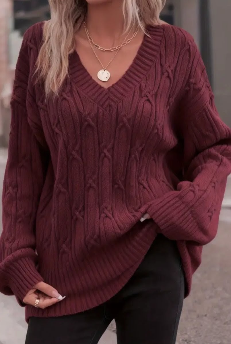 V-Neck Cable Knit Sweater