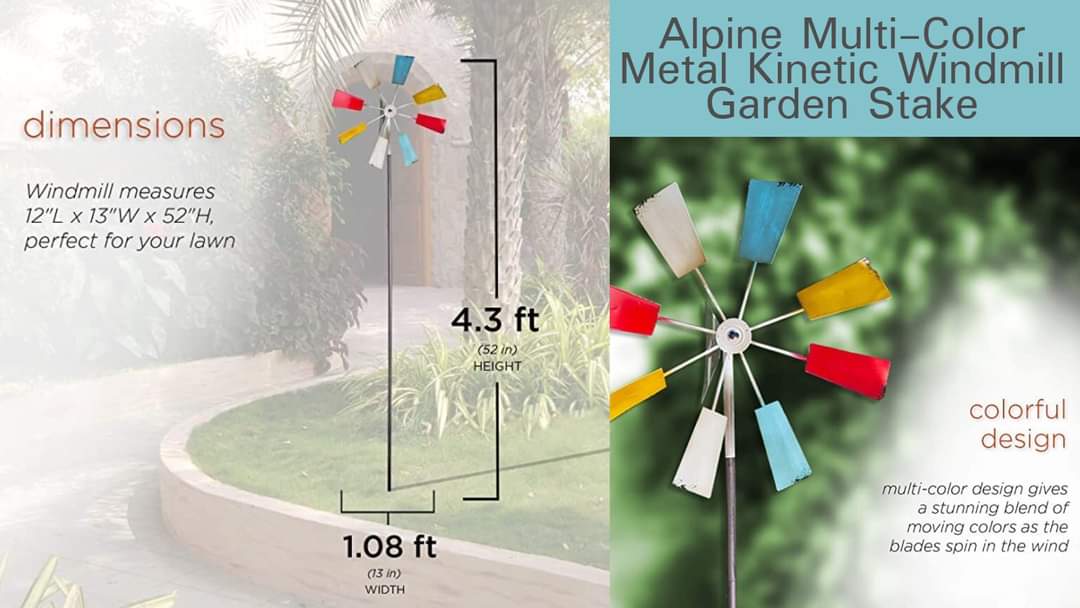 Alpine Multi Color Metal Kinetic Windmill Garden Stake